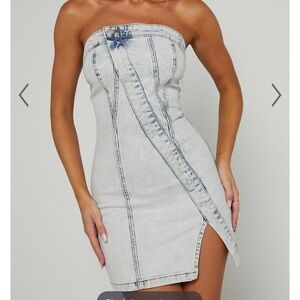 Showpo Erline Mini Dress - Asymmetric Strapless Denim Dress Size 6